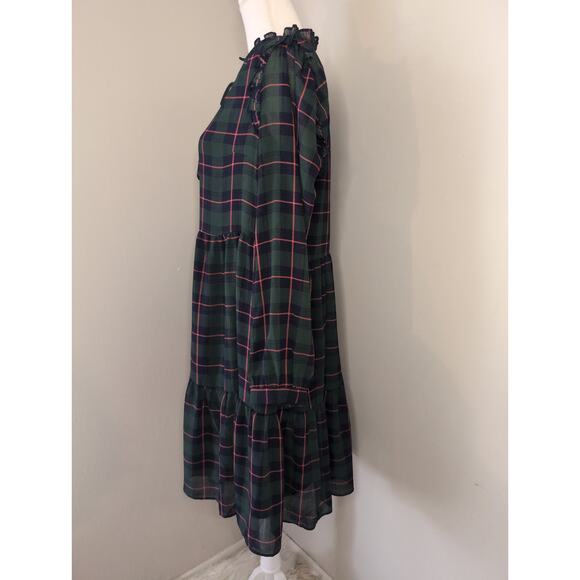 J. Crew tie neck tartan plaid tiered holiday equestrian ruffle M dress - Picture 2 of 9